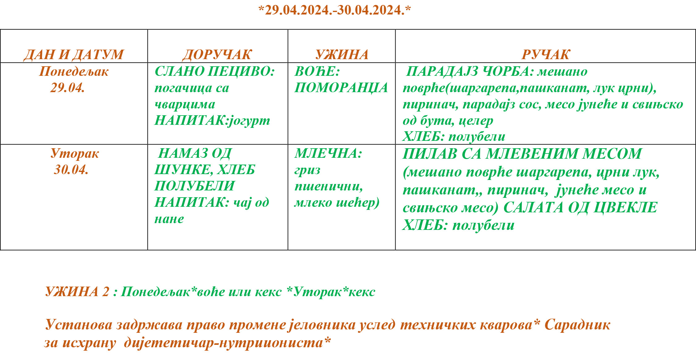 ЈЕЛОВНИК 29.04. 30.04